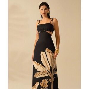 Women Boho Banana Tree Print cutout Sleeveless Black Holiday Casual Summer Dress